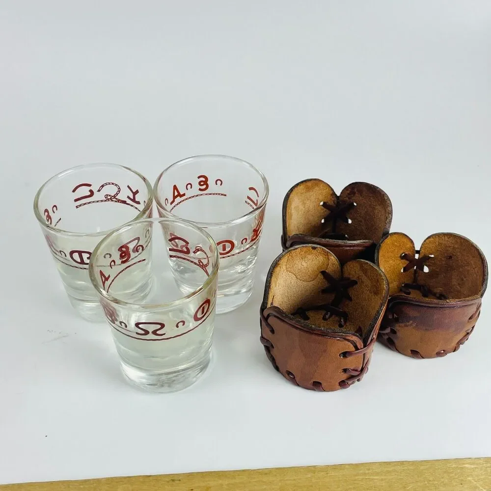 3 Vintage Libbey Bamco Western Shot Glasses MCM Tooled Leather Wraps Barware